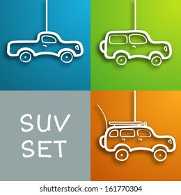 Set of three cartoon paper look cars with shadows
