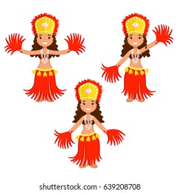 Set of three cartoon polynesian female dancers in ethnic outfit made of red and yellow grass and seashells