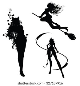 Set of three cartoon silhouettes witches for Halloween day
