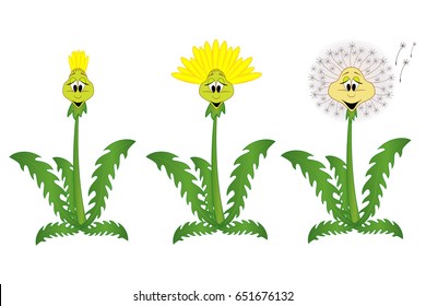 Set of three cartoon smiling dandelions