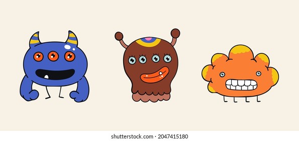 Un conjunto de tres stickers de dibujos animados con monstruos. Varios frikis escalofriantes y aterradores en un fondo beige. Caracteres multicolores para postales, decoración, portadas, redes sociales. Vector dibujado a mano.