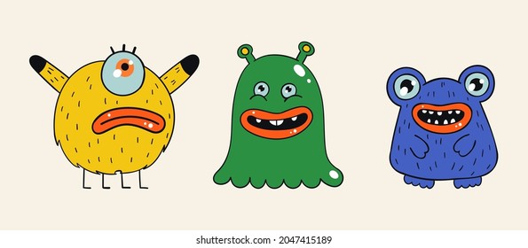 Un conjunto de tres stickers de dibujos animados con monstruos. Varios frikis escalofriantes y aterradores en un fondo beige. Caracteres multicolores para postales, decoración, portadas, redes sociales. Vector dibujado a mano.