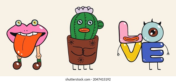 Un conjunto de tres stickers de dibujos animados con monstruos. Varios frikis escalofriantes y aterradores en un fondo beige. Caracteres multicolores para postales, decoración, portadas, redes sociales. Vector dibujado a mano.