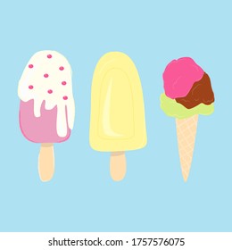 Set of three cartoon stylized vector ice creams on a blue background.