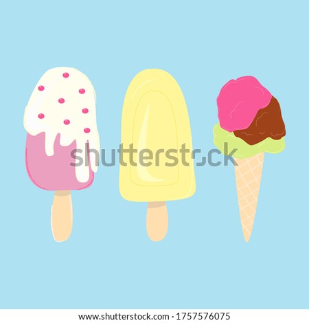 Set of three cartoon stylized vector ice creams on a blue background.