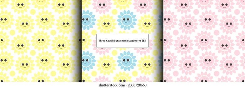 Set with three cartoon sunny seamless patterns of colorful kawaii suns with big eyes and smile,isolated on white background.For kids fabrics, textile,postcard,poster,printing, wrapping,scrapbooking.