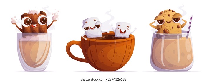 Eine Reihe von drei Cartoon-Süßigkeiten, die in heißen Getränken schwimmen. Emotionale Zeichen. Schokolade spielt Schaum in einem Glas Cappuccino. Marshmallows entspannen sich in einer Tasse Kakao. Der Keks entspannt sich in einem Mochaccino.