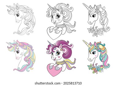 Set of three cartoon unicorns heads. Monochrome with colorful template. Vector illustration. For coloring, postcard, posters, design, cards, stickers,room decor,game,kids apparel, invitation and book