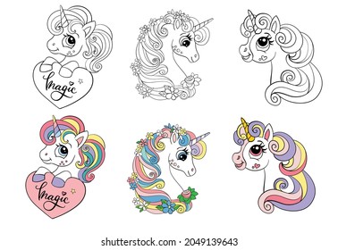 Set of three cartoon unicorns heads. Monochrome with colorful template. Vector illustration. For colorings, postcard, posters, design, cards, stickers,room decor,game,kids apparel and invitation