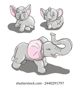Set of three cartoon vector elephants of different sizes. Cute animal illustration
