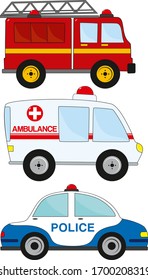Set of three cartoon vector emergency vehicles. Cartoon cars for preschool kids. Vector illustration isolated.