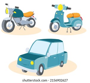 Set of three cartoon vehicles - motorcycle, scooter and car.