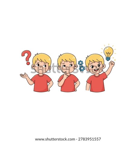 A set of three cartoon of a young blonde boy in a red shirt showing different stages of cognitive processing. The first boy looks confused with a red question mark above his head. The second boy is deep in thought with blue gears floating nearby. The third boy is smiling, holding a glowing yellow lightbulb above his head to represent a successful idea or solution. The style is clean, flat, and simple with bold outlines, set against a plain white background.