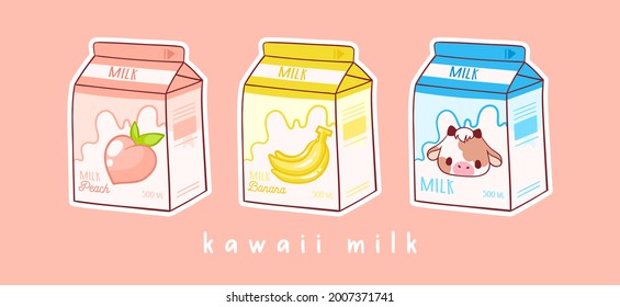 Conjunto de tres dibujos animados de leche. Tres sabores variados. Peach, banana y leche. Producto asiático. Ilustración vectorial de moda a mano. Diseño anime Kawaii. Estilo de la caricatura