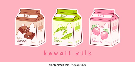 Set of three cartoons of milk. Three various tastes. Chocolate, matcha and strawberry. Asian product. Hand drawn colored trendy vector illustration. Kawaii anime design. Cartoon style