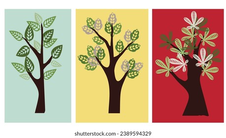 Conjunto de tres árboles de dibujos animados para el diseño de tarjetas, cubiertas, carteles, textiles para niños
