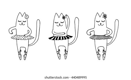 Set of three cat ballet dancer. Funny ballerinas in pointe shoes and tutu. Abstract isolated illustration on white. Hand drawn vector black and white illustration. Cartoon, doodle.