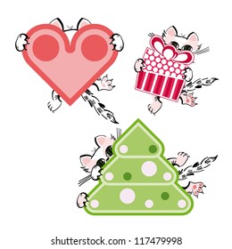 Set of three cat characters with heart, gift and Christmas tree