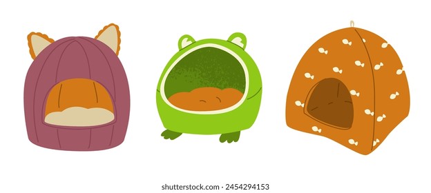 Set of three cat houses. Cozy havens for sleeping. Interior items for animals. Pet care. Design for stores with pet products. Home life of a cat. Vector illustration isolated on transparent background