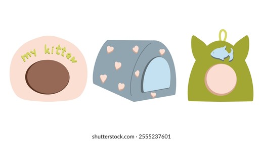 Set of three cat houses. Cozy for sleeping. Interior items for animals. Design for stores with pet products. Home life of a cat.