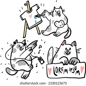 set of three cats. a cat with a player, a cat-artist and a cat with a text plate