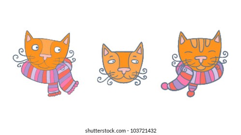 Set of three cats heads with different emotions