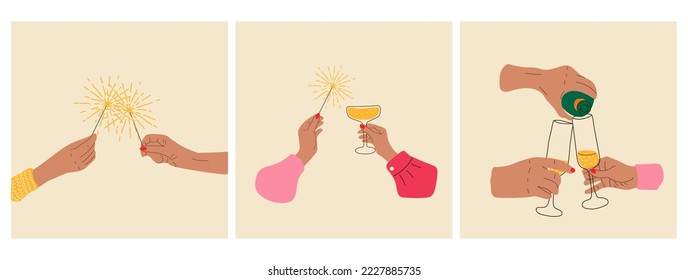 Set of three Celebration of the new year. Hands hold champagne and sparklers	