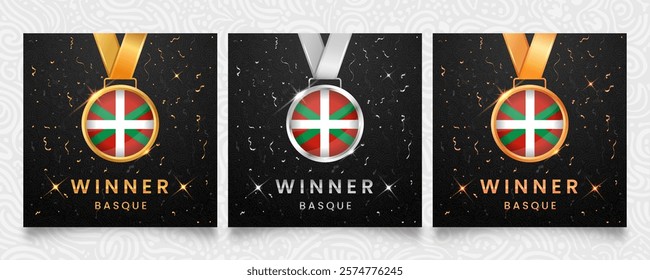 A set of three celebratory winner medals featuring the Basque flag design, displayed on a dark background with gold and silver confetti accents and sparkling highlights