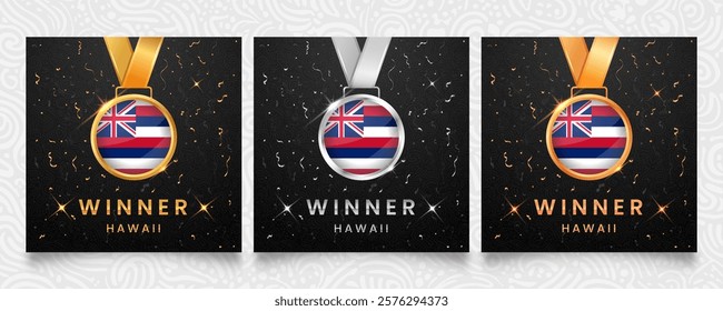 A set of three celebratory winner medals featuring the Hawaii flag design, displayed on a dark background with gold and silver confetti accents and sparkling highlights