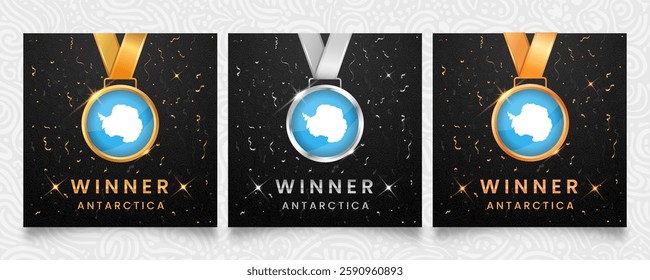 A set of three celebratory winner medals featuring the Antarctica flag design, displayed on a dark background with gold and silver confetti accents and sparkling highlights