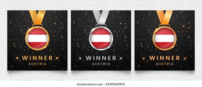 A set of three celebratory winner medals featuring the Austria flag design, displayed on a dark background with gold and silver confetti accents and sparkling highlights.