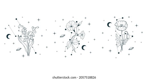 Set of three celestial birth month flowers. Vector isolated background with spiritual plants, moon and stars for wedding invitations and  greeting cards.