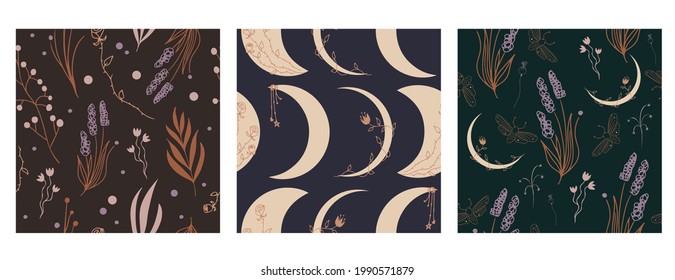 Set of three celestial crescent moon and magic herbs vector patterns 