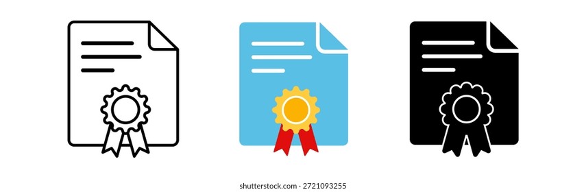 Un conjunto de tres iconos de certificado en diferentes colores: negro, azul y blanco, que simbolizan el logro y el reconocimiento.