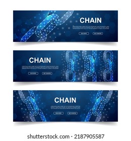 Set of three Chain horizontal banners. Horizontal illustration for homepage design, promo banner. Blockchain low poly symbols with connected dots