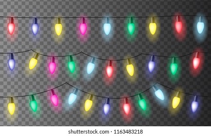 Set of three chains of colorful Christmas lights or celebration lights with red, green yellow and blue light, isolated on transparent background - seamless