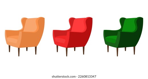 Tres sillas de color verde, rojo y melocotón. Estilo plano. 