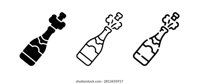 Set of three champagne bottle icons for celebration and party events in black and white styles