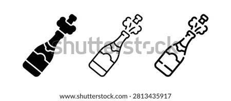 Set of three champagne bottle icons for celebration and party events in black and white styles