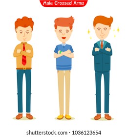 Set of three character crossed arms,  Guy with his arms crossed, Cartoon style, Young man in casual clothes standing, Handsome, Confident Businessman,Set of three fold arms character, Folded their arm