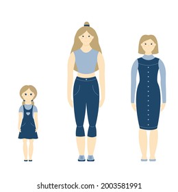 A Set Of Three Characters Of Different Ages. The Picture Shows The Same Girl, But At Different Ages