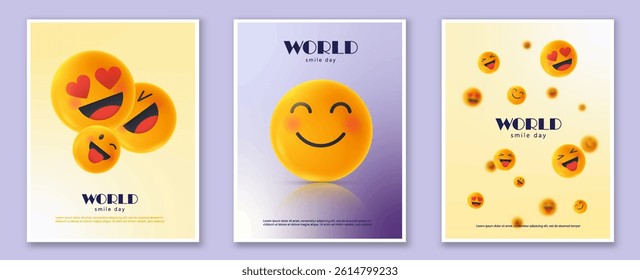 Set of three cheerful posters showing smiling and laughing yellow emoji faces in glossy style on light gradient backgrounds. Concept of happiness and celebration. Vector illustration