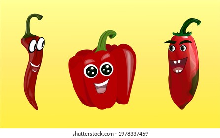 Set of three cheerful red peppers with eyes and a smile. Vector