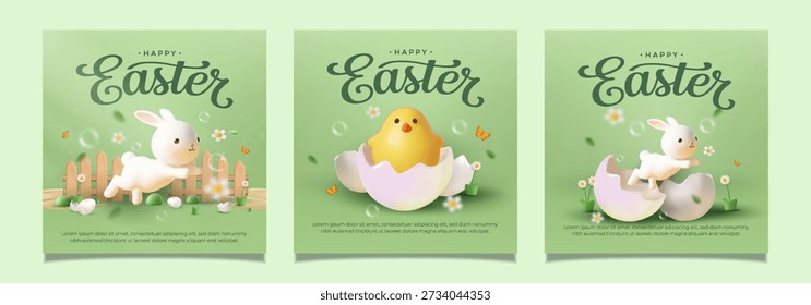 Set of three cheerful spring square social media templates featuring a stylized 3D rendered Easter bunny, and cute floral details on a pastel green background, perfect for holiday greetings.
