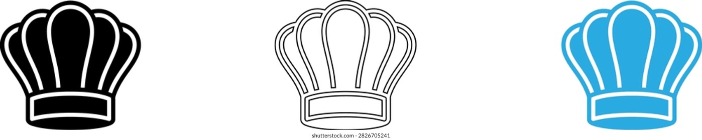 Set of three chef hats in black white and blue colors isolated on transparent background, Vector
