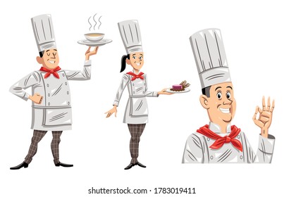 Set of three chefs characters, two men and one woman, uniformed and smiling, in an attitude of presentation, with some freshly cooked dishes. Vector illustration cartoon style.