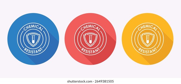 Conjunto de três ícones resistentes a produtos químicos com tubo de ensaio e símbolo de escudo em vermelho e amarelo azuis