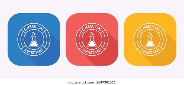 Set of three chemical resistant icons with flask and bubbles in blue red and yellow