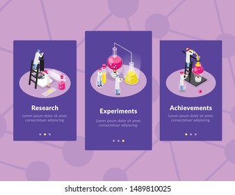 Set Of Three Chemistry Isometric Vertical Banners With Molecular Binding Silhouette Background And Conceptual Scientist Images Vector Illustration