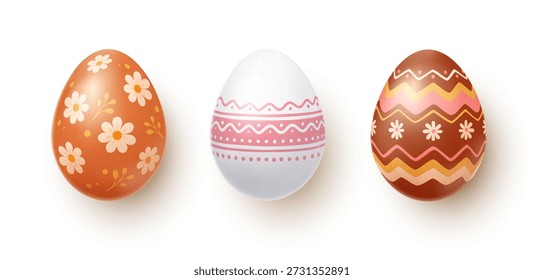 Conjunto de tres huevos de gallina de conchas de diferentes colores, Vector realista.